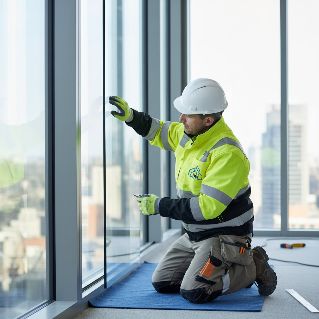 gemini 2.5 flash image A highly realistic professional construction worker installing a glass window in 0